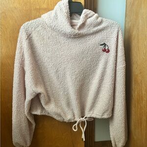 Plush Cowl-Neck Cherry Embroidered Sherpa Pullover - Light Pink